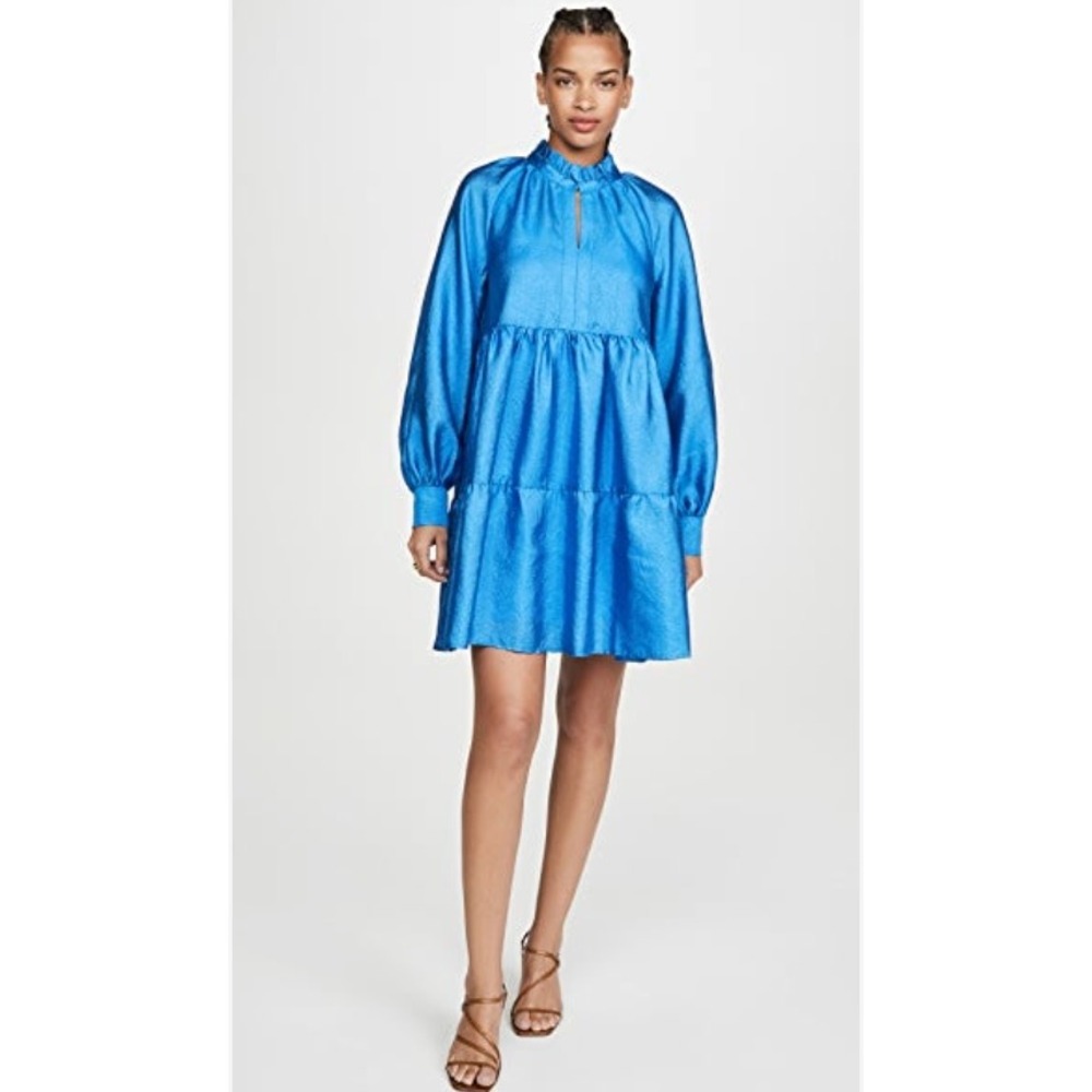 Stine Goya Jasmine Babydoll Dress Womens XXS Blue Tiered Metallic Crepe Cocktail